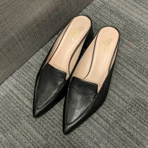 Black leather mules